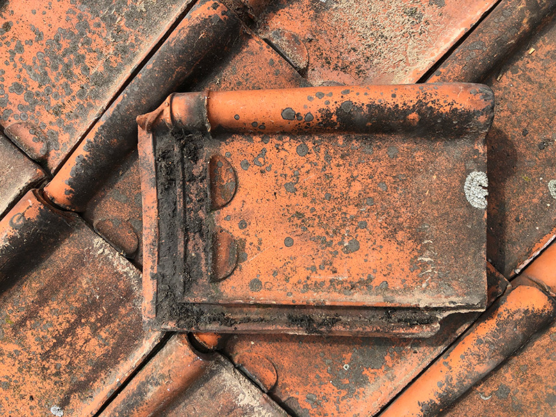 Reclaimed Courtrai terracotta roof tiles with weathered patina and interlocking design